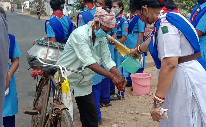 WEAR MASK, HANDWASHDEMONSTRATION, MAINTAIN SOCIAL DISTANCE, COMMUNITY SERVICE, UNIT LEADER, RANGERS ROVERS, S. B. SC. H. S. SCHOOL KONISI GANJAM 